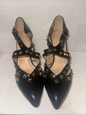 Adrienne Vittadini Black Patent Pointed Studded Strappy Heels